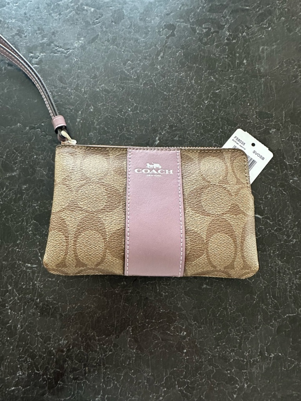 Coach NWT Signature Canvas Wristlet with Dusty Pink Stripe